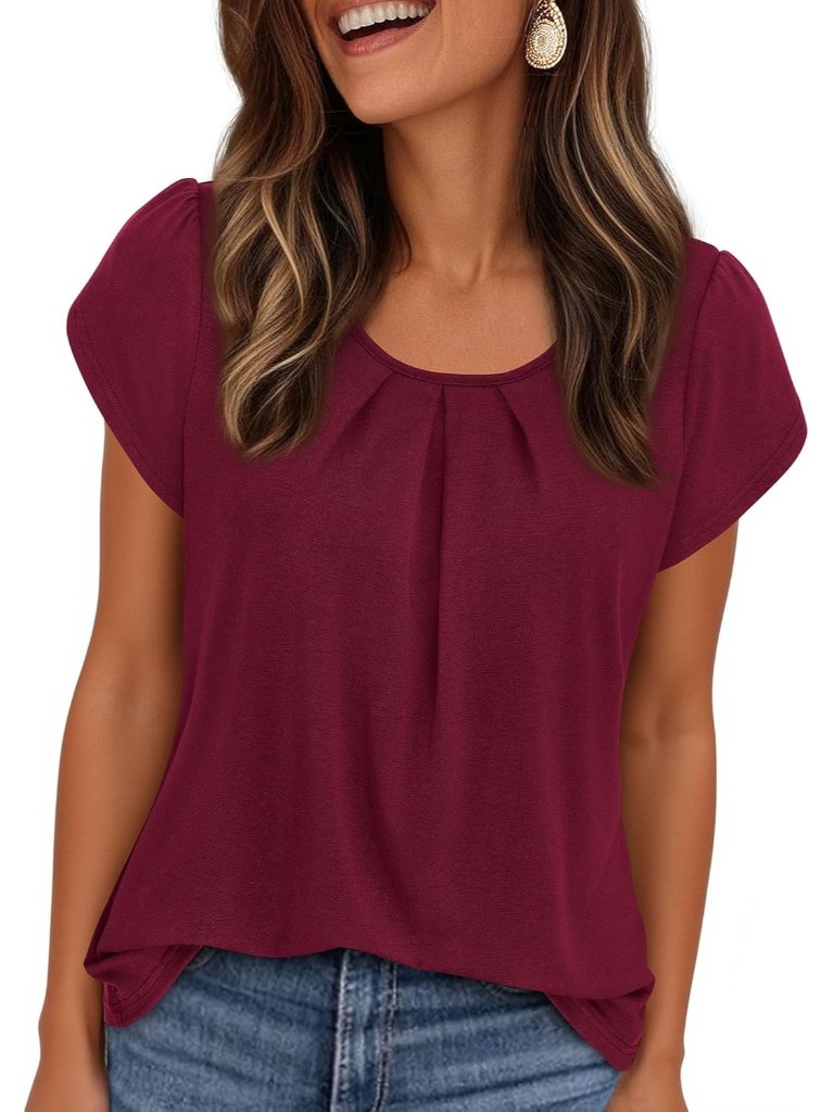 Women's Burgundy Short Sleeve Pull On Crew Neck Casual Tops Imported T Shirts